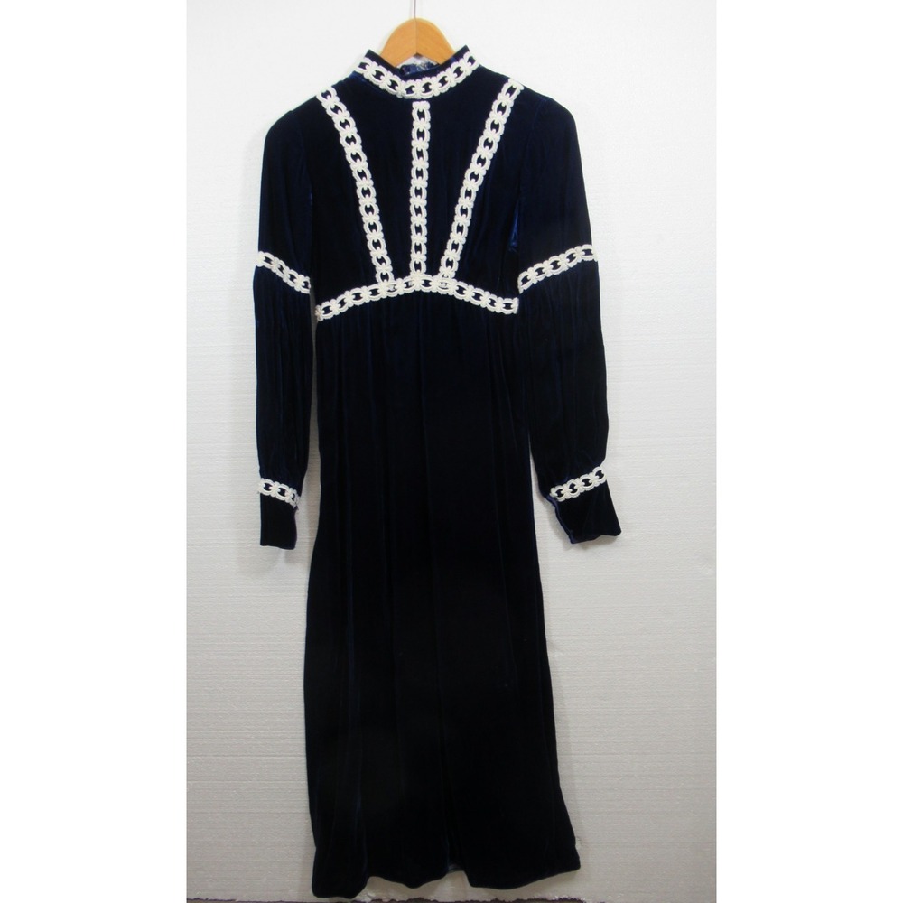 Vintage 70s Edwardian Revival Blue Velvet Dress Handmade High Neck